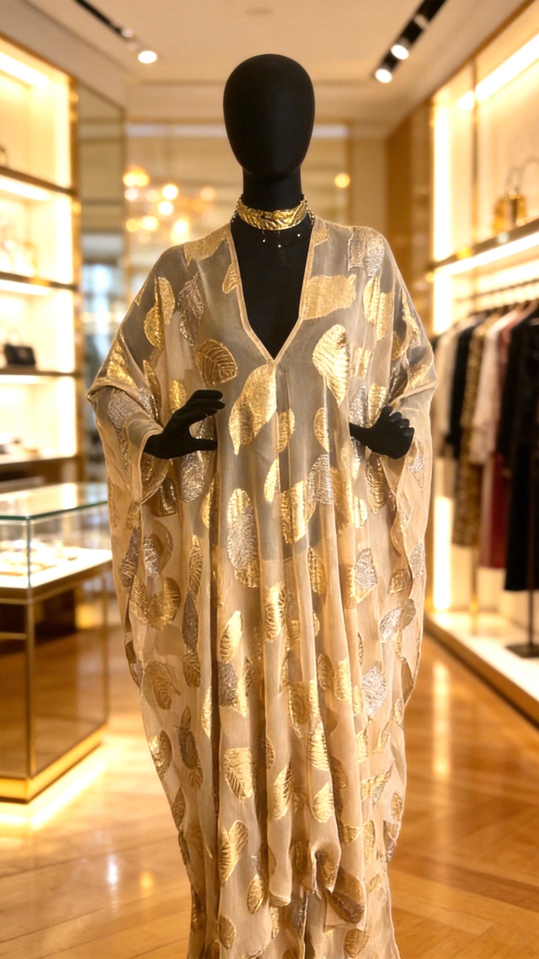 Beige Gold Leaf Kaftan Set