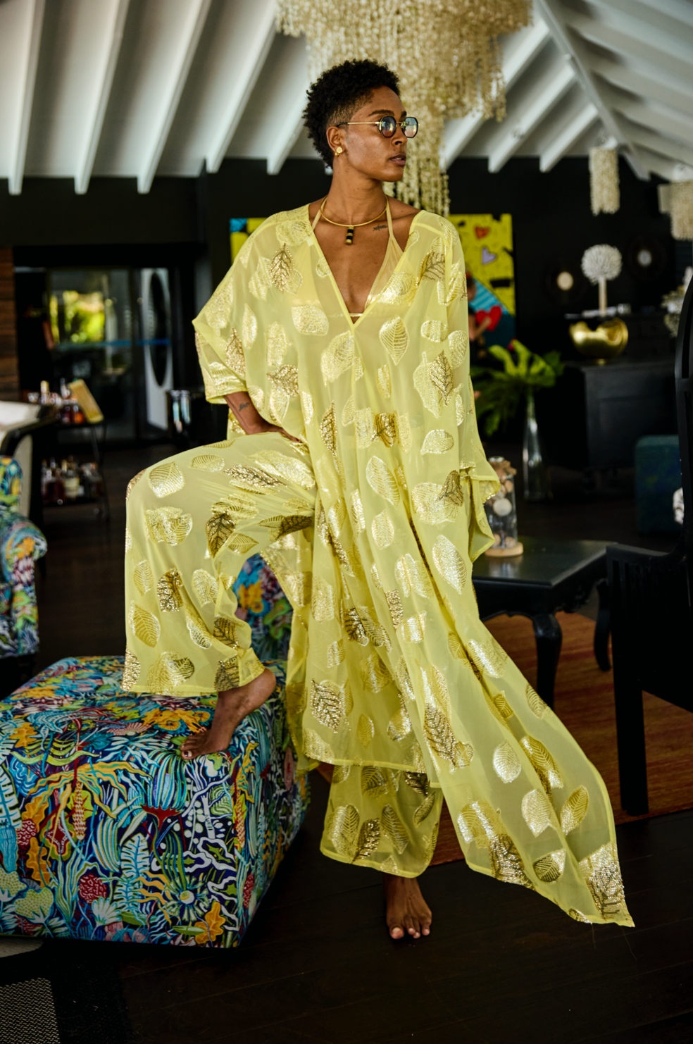 Fancy Yellow Shimmer Kaftan Set