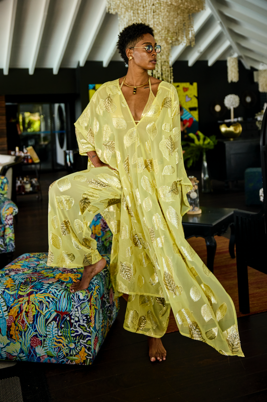 Fancy Yellow Shimmer Kaftan Set